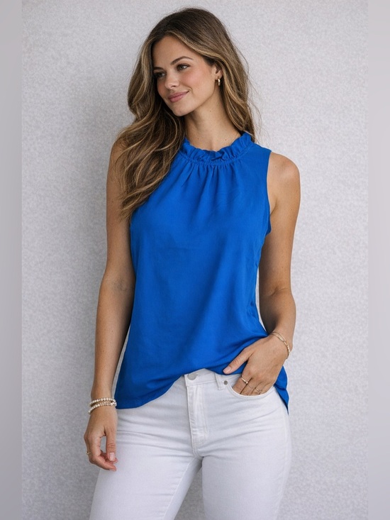 J. Crew Tops - J Crew Blue Ruffle‎ Neck Sleeveless Blouse Size Small Lightweight Top